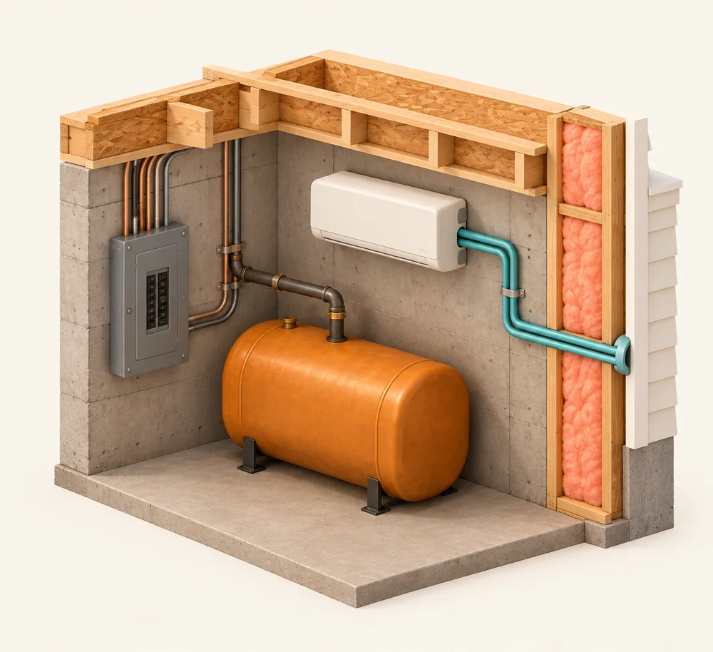 Illustrated basement corner: electrical panel, oil tank on steel legs, and an indoor heat pump unit with a refrigerant line through the wall.