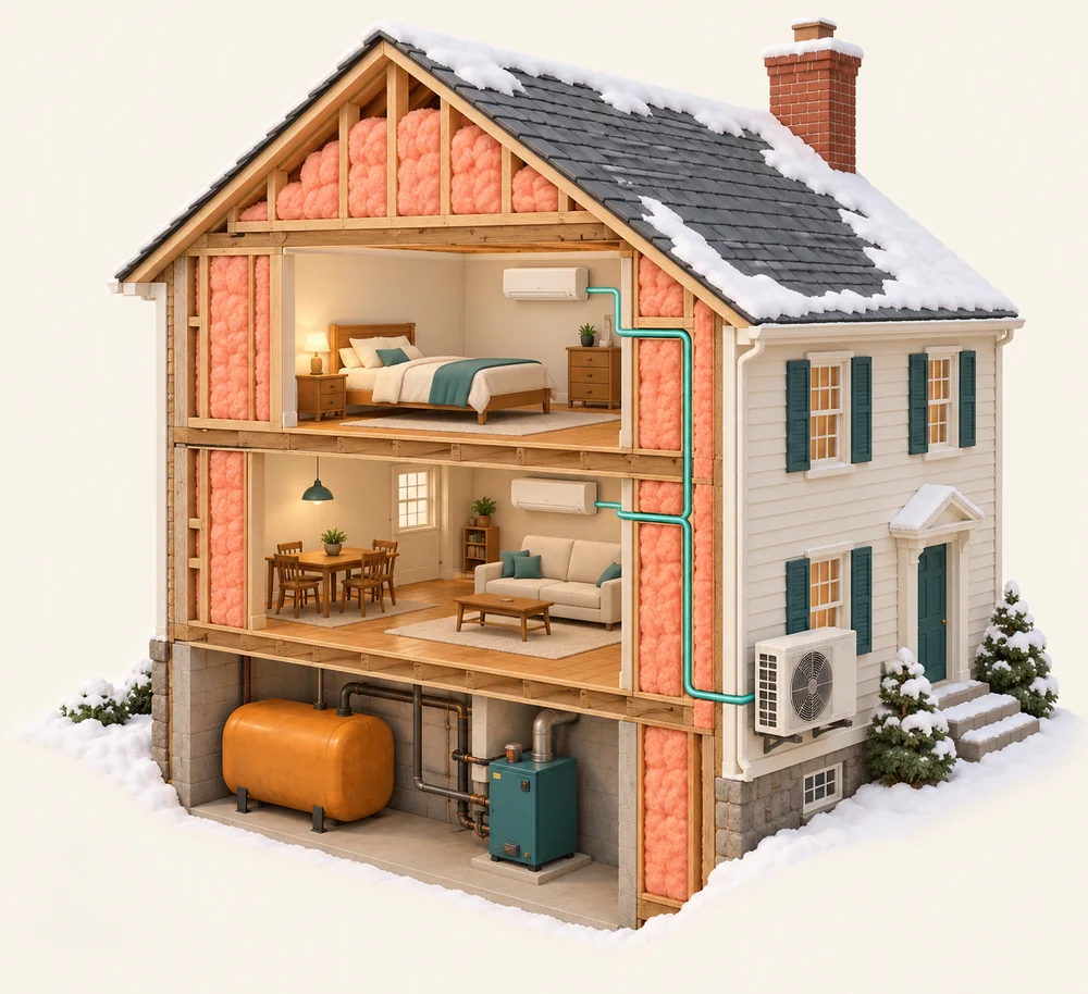 Illustrated cutaway of a New England colonial in winter: oil tank and boiler in the basement, insulation in the attic and walls, and a heat pump outdoor unit on the side wall.