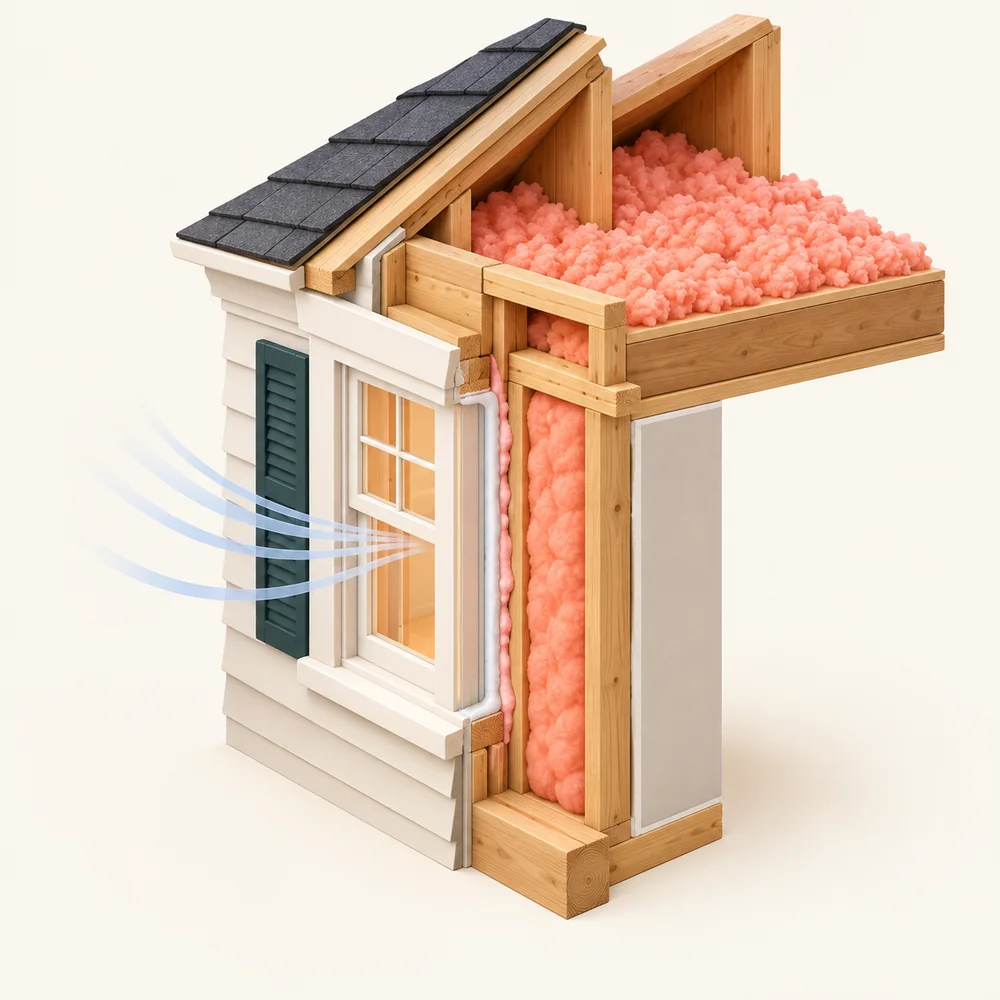 Illustrated cutaway of an older house wall and attic: insulation in the attic floor and wall, sealed gap around a window.